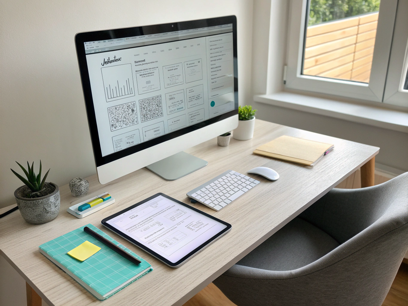 Ein professioneller Arbeitsplatz für Webdesign mit Fokus auf Details